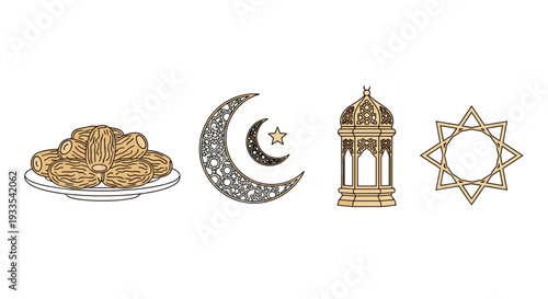 Four distinct beige and brown outlined Islamic cultural elements are neatly arranged horizontally on a pristine white background.