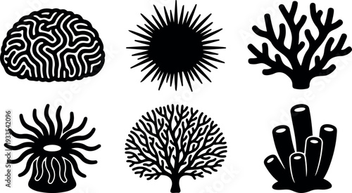 Flat design silhouette coral icons six marine shapes brain coral sea urchin branching coral sea anemone sea fan tube sponge
