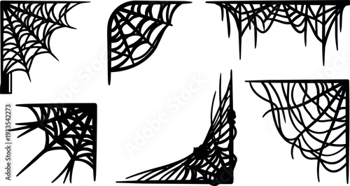 Line art spider web corner vector set showing six black decorative silhouettes for halloween designs and spooky flat graphic accents