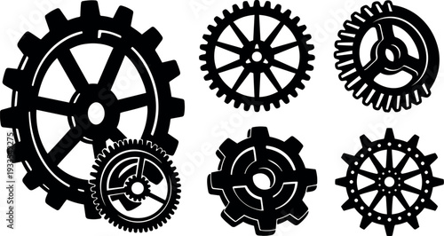 Flat vector gear icons assortment close up interlocking cogwheels variety of mechanical sprockets black silhouette industrial style top view detail