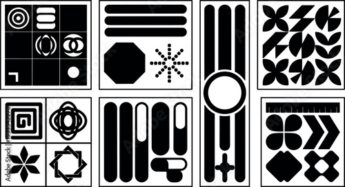 Bauhaus style geometric tile grid with black and white abstract shapes in nine panels top view minimalist graphic composition