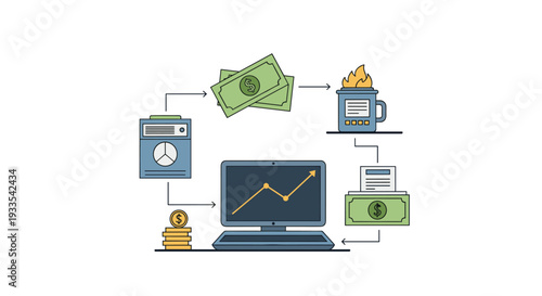 A circular financial diagram with outlined flat illustrations depicts money and data flow around a central laptop on a white background.