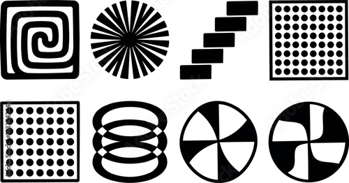 Flat design minimalist geometric icon set with spirals dots rings and pinwheel shapes isolated on white background bold graphic vector