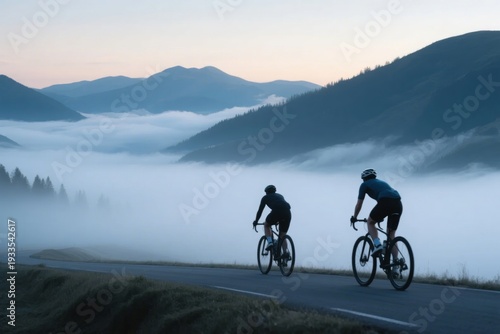 Two cyclists riding on a mountain road above a sea of fog at dawn