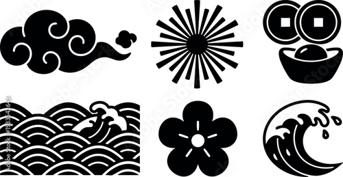 Flat design japanese mon style set of six traditional icons showing stylized wave cloud blossom sunburst and ancient coin motif