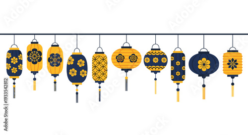 Ten decorative Chinese lanterns, varying in shape and pattern, are suspended horizontally from a line across a plain white background.