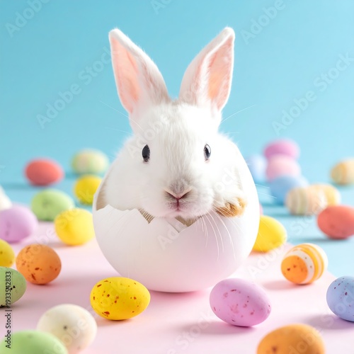 White bunny emerges from a cracked egg surrounded by pastel speckled eggs
