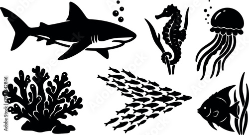 Silhouette ocean wildlife vector set with shark seahorse jellyfish coral school of fish and angelfish black minimalist flat side view