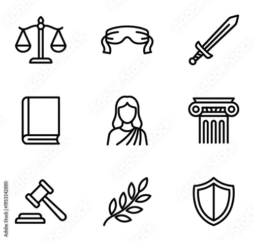 Lady justice vector related legal icon set including scales blindfold sword book gavel pillar and shield representing law court attorney legal system fairness and equality.