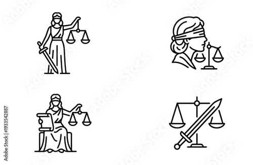 Lady justice vector icon set featuring blindfolded themis sword scales and legal scroll designs representing law attorney court legal system fairness and equality in line art.