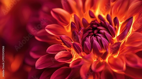 Close-up of a flower with layered red and orange petals. The center of the flower is a deep purple. The composition is vibrant. AI.