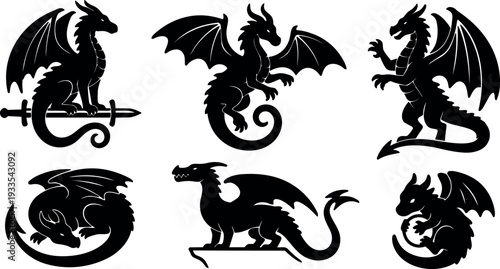 Silhouette vector dragon icons set six poses heraldic fantasy creature perched flying curled standing sleeping breathing guarding
