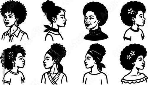 Line art profile set of diverse afro hairstyle women icons side view for avatar branding editorial vector pack collection