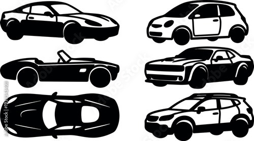 Flat design car silhouette set showing side and top views convertible coupe sedan muscle suv hatchback compact modern icons collection