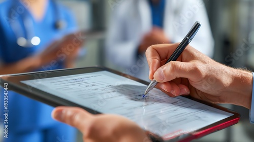 Digital consent form being signed on tablet in hospital