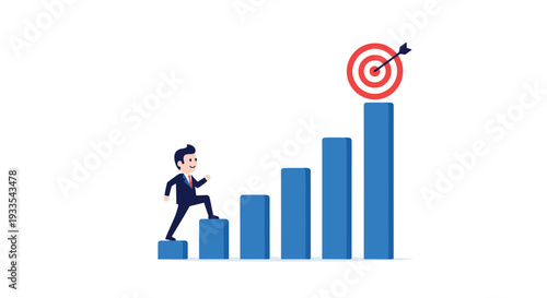 A smiling businessman in a suit is actively climbing a series of ascending blue bar graph steps towards a red target with an arrow on a clean white background.