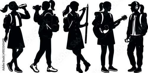 Silhouette vector of teenage student girls and boy with backpacks playing guitar drawing drinking water and filming in school hallway