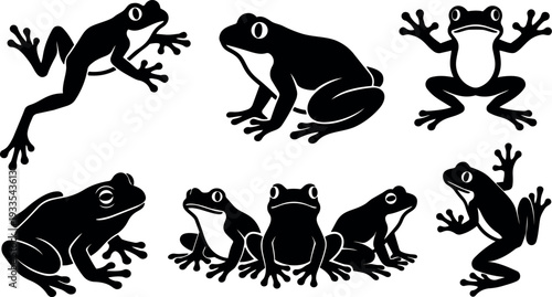 Flat design frog silhouettes set showing multiple poses close up side view front view sitting jumping climbing black vector icons