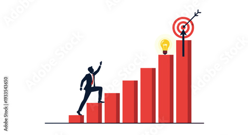 A silhouetted businessman is vigorously climbing a series of ascending red bar graph steps towards a red target with an arrow, featuring a glowing lightbulb on a white background.