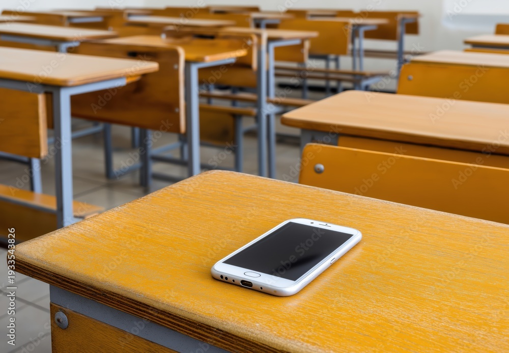 Naklejka premium School desk with cellphone during class time in empty classroom