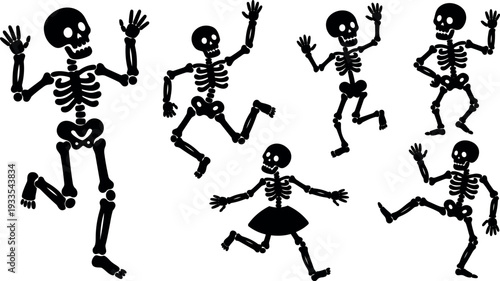 Flat design dancing skeleton silhouettes in playful poses group of jumping skeletons for halloween party vector art cheerful spooky illustration