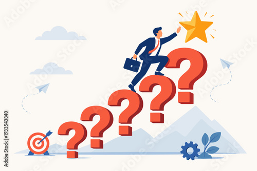 Ambitious businessman climbing a ladder of red question marks to reach a glowing gold star. Concept of solving complex problems, overcoming uncertainty, and achieving success in career goals.