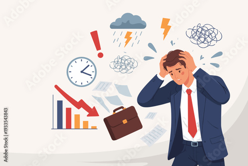 Stressed Businessman Overwhelmed by Work Pressure, Financial Loss, and Deadlines. Illustration of a Man in a Suit Holding His Head with Symbols of Anxiety, Falling Graphs, and Stormy Clouds.