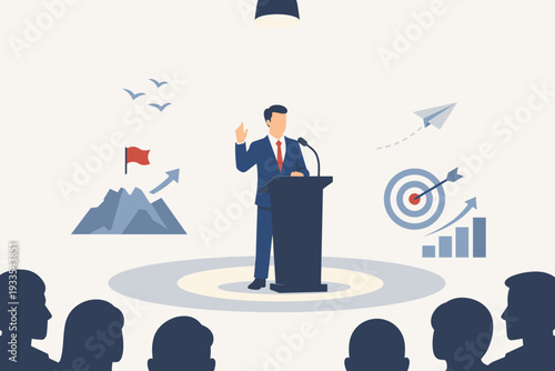 Businessman Public Speaker Giving Motivational Speech at Podium Under Spotlight with Success Symbols like Mountain Peak Target and Growth Chart to Inspire Audience for Business Achievement.