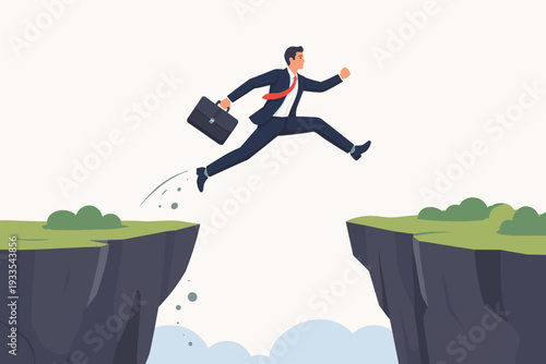 Ambitious businessman in a suit with a briefcase jumping across a gap between two cliffs, symbolizing risk, courage, career growth, and overcoming obstacles for success vector illustration.