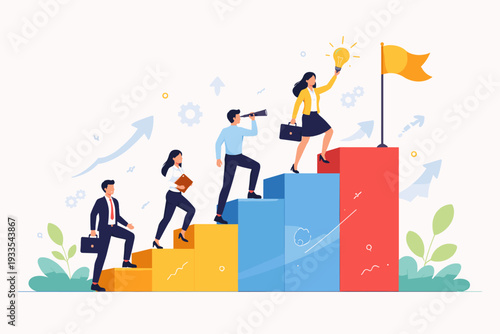 Business team climbing colorful bar chart steps towards success, professional people walking up growth ladder to reach goal flag, leadership holding lightbulb idea, career development concept.