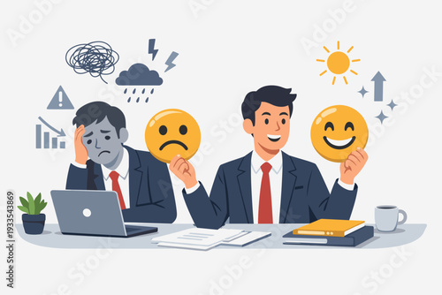 Businessman Changing Sad Face to Smile Emoji to Overcome Stress and Anxiety. Concept of Emotional Intelligence, Mental Health at Work, Positive Mindset, and Professional Growth in an Office.