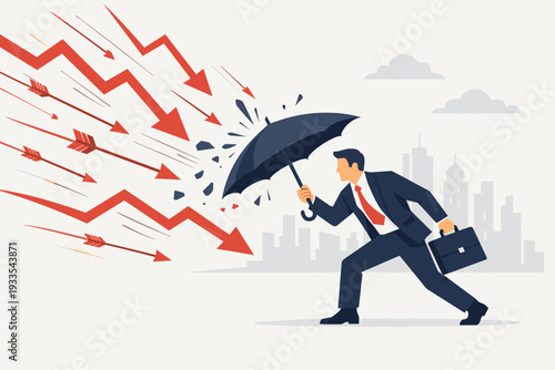 Resilient businessman holding a black umbrella to shield against falling red arrows and downward stock market graphs, illustrating financial crisis protection, risk management, and insurance.