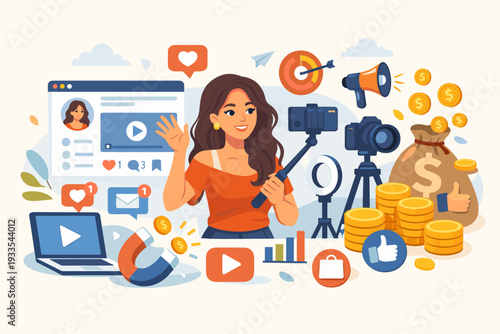 Young Female Influencer Creating Social Media Content with Smartphone and Camera; Digital Marketing and Monetization Concept with Money Bag, Coins, Likes, and Video Production Equipment.