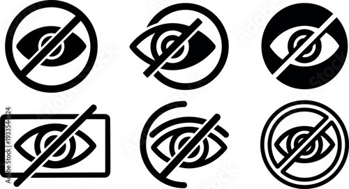 Flat design hidden eye icon set six variations diagonal strike privacy symbol for user interface and accessibility dark outline minimal