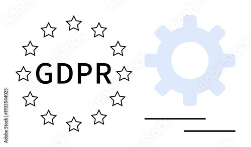 Data privacy, regulatory compliance, cybersecurity, GDPR policies, online security, EU regulations. Gear symbol and GDPR surrounded by stars. GDPR policies and data privacy