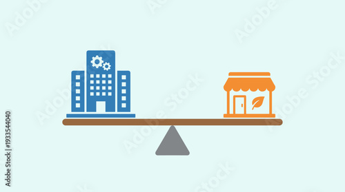 Flat Vector Illustration of a Large Industrial Building and a Small Local Shop Balanced on a Seesaw, Representing Economic Equilibrium Between Big Corporations and Small Sustainable Businesses.