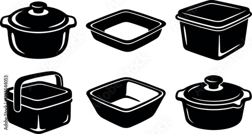 Flat design set of six kitchen containers and cookware with lids handles side and top views in simple black silhouette