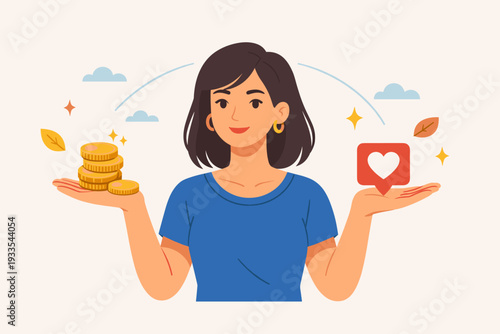Flat Vector Illustration of a Young Woman Balancing a Stack of Gold Coins and a Social Media Heart Icon, Symbolizing Work-Life Balance, Financial Success, and Emotional Well-being Concept.