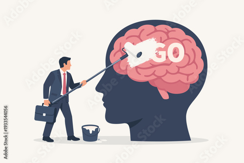 Businessman using a paint roller to erase the word ego from a human brain, conceptual illustration of overcoming selfishness, humility, personal growth, mental health, and leadership training.