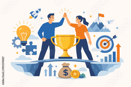 Win-win situation and business partnership concept with man and woman high-fiving over a golden trophy. Teamwork for success, achieving goals, innovation, and financial growth flat illustration.