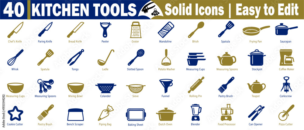 Fototapeta premium Kitchen tools icons. Featuring in blue and gold colors for cooking and baking, easy to edit and use for design projects, and vector illustration.