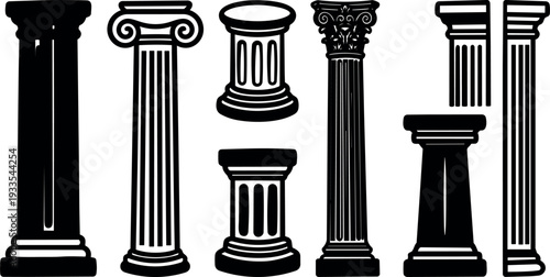 Flat vector line art classical columns set showing doric ionic corinthian capitals close up black and white silhouette frontal variation