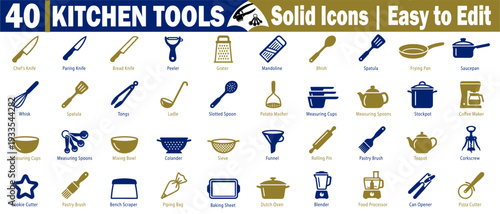 Kitchen tools icons. Featuring in blue and gold colors for cooking and baking, easy to edit and use for design projects, and vector illustration.