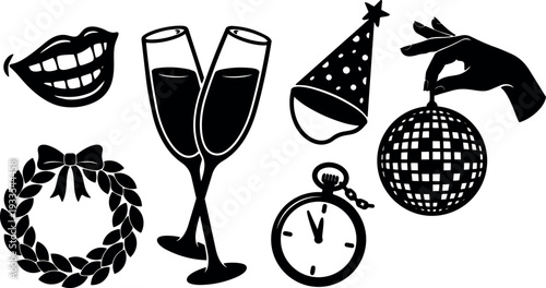 Flat design party icon set with champagne glasses disco ball pocket watch party hat wreath lips and hand close up