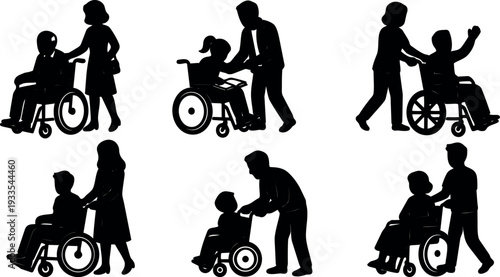 Flat design six silhouette caregivers pushing wheelchair figures in various poses side view high contrast supportive interaction