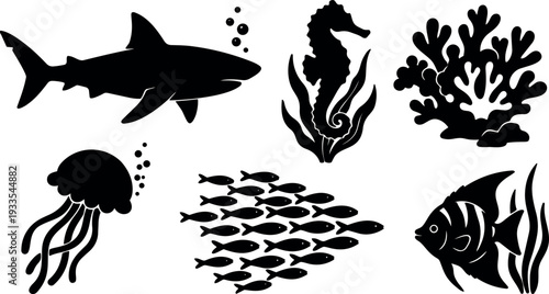 Flat design silhouette marine life collection with shark seahorse jellyfish angelfish school of fish side view bubbles