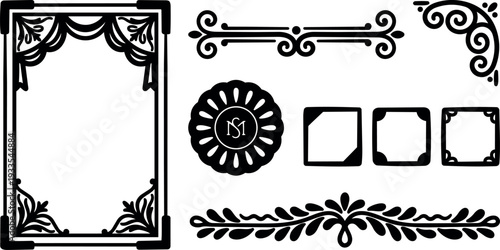 Art nouveau ornamental vector frame set with decorative corner borders rosette monogram badge square labels and leafy flourish silhouettes
