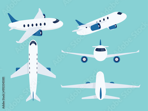 Airplane clipart set. Aircraft flat cartoon design clip art from different view top, side, angle, bottom and front for flight, landing and take off position Airplane collection vector illustration.
