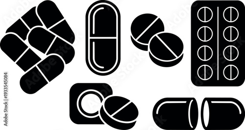 Flat design close up medicine capsule and tablet icons grouped with blister pack open pill halves on white background minimal