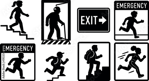 Flat design emergency exit and evacuation pictogram set showing running silhouettes stairs elderly person backpack and directional arrow in black